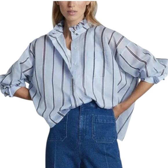 Reiss Avera NWOT Semi-Sheer Metallic Striped Blue Button Down Shirt-size 8 - Picture 1 of 13
